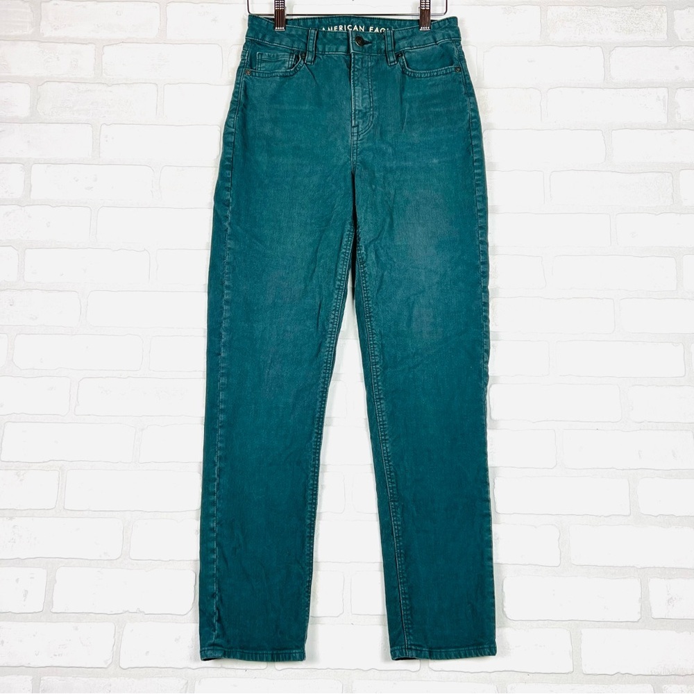 American Eagle Teal Green Corduroy Mom Straight Jean High Waisted Pants Size 0